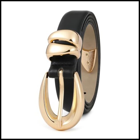 Leather Waist Belt with Gold Buckle for Jeans and Dresses